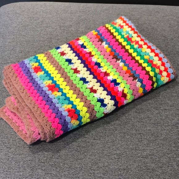 Colorful Handmade Crochet Blanket Throw Retro 48x38 - Picture 4 of 5
